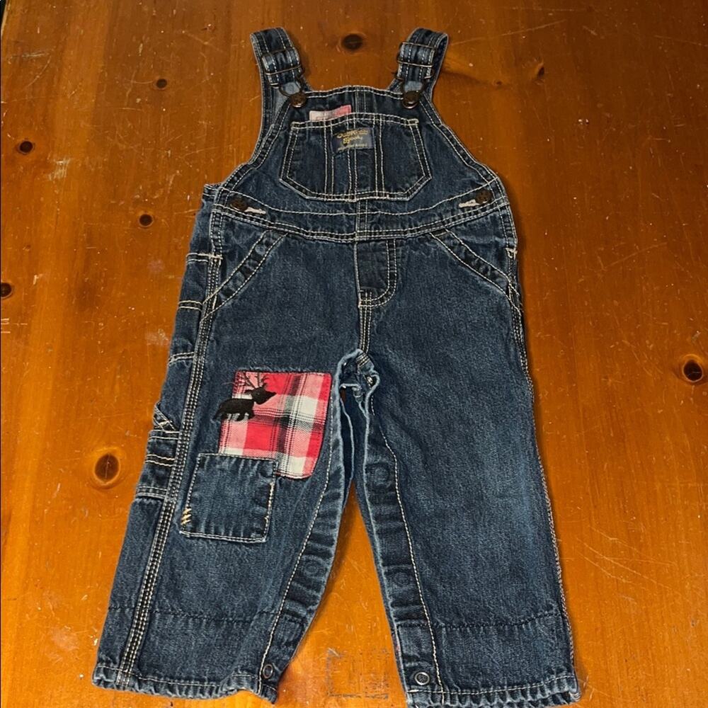 Oshkosh Bigosh Kids Denim Overalls with Red Plaid Patch Size 12M